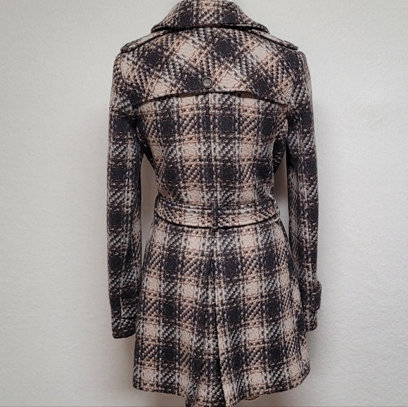DKNY Retro Y2K Brown Plaid Tweed Double Breasted Belted Midi Peacoat Trench Coat - Picture 8 of 13